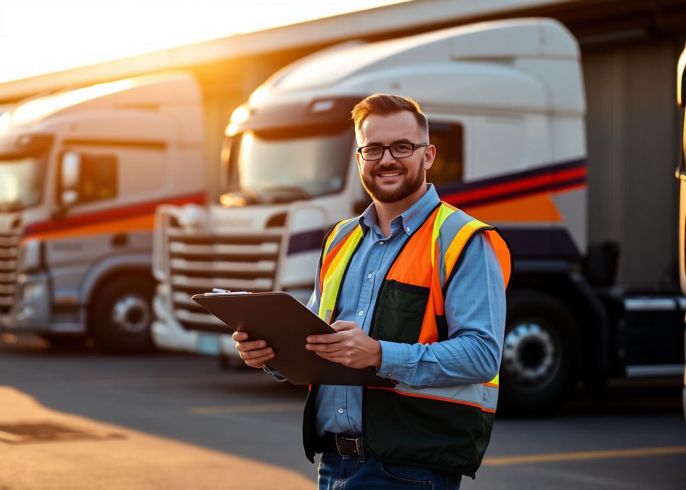 Fleet manager reviewing driver qualification files in front of commercial trucks
